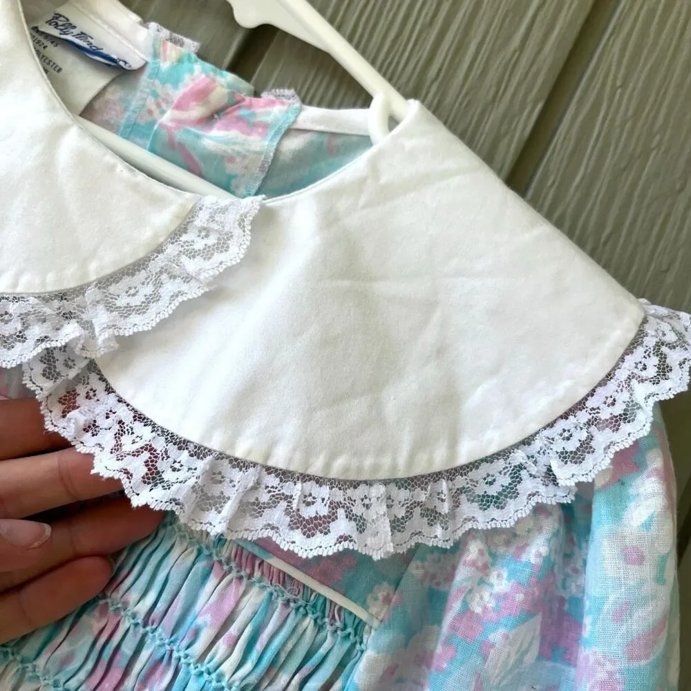 VTG Polly Flinders Pastel Floral Smocked Prairie Dress Girls 7 Lace Collar